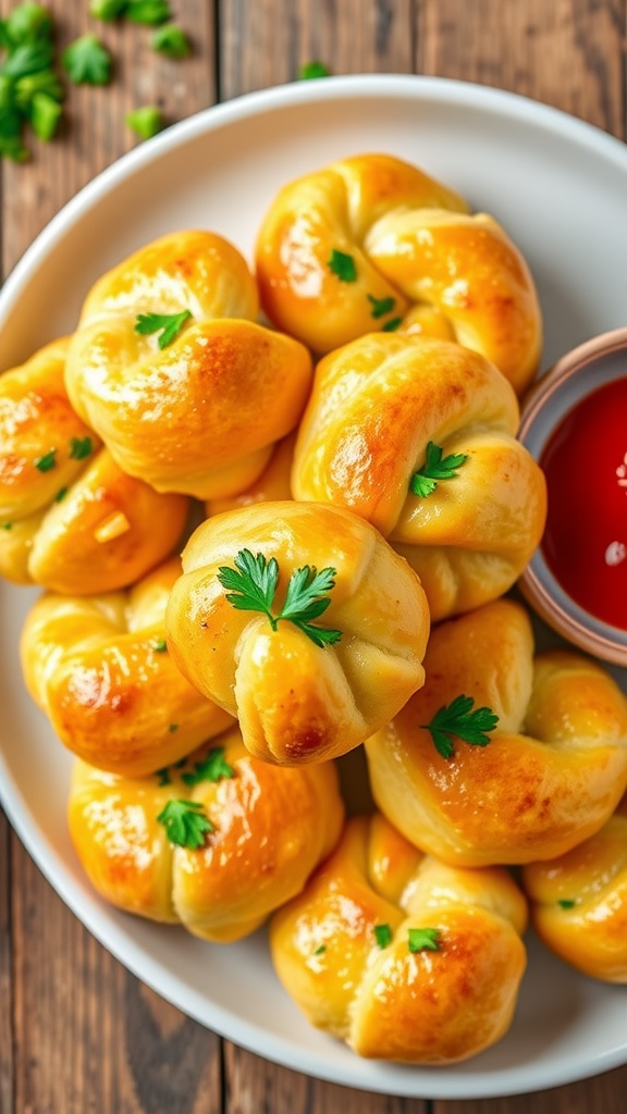 Cheesy garlic knots on a plate with parsley and marinara sauce, arranged on a wooden table.